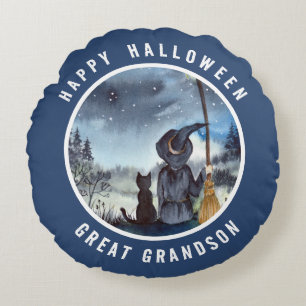 Halloween Black Cat and The Witch Starry Night Round Pillow