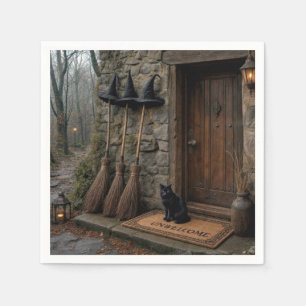 Halloween Black Cat and Witch Brooms Napkin