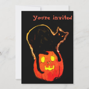 Halloween Black Cat atop Glowing Orange Pumpkin Invitation