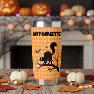 Halloween Black Cat & Bats Orange Plaid Name Insulated Tumbler