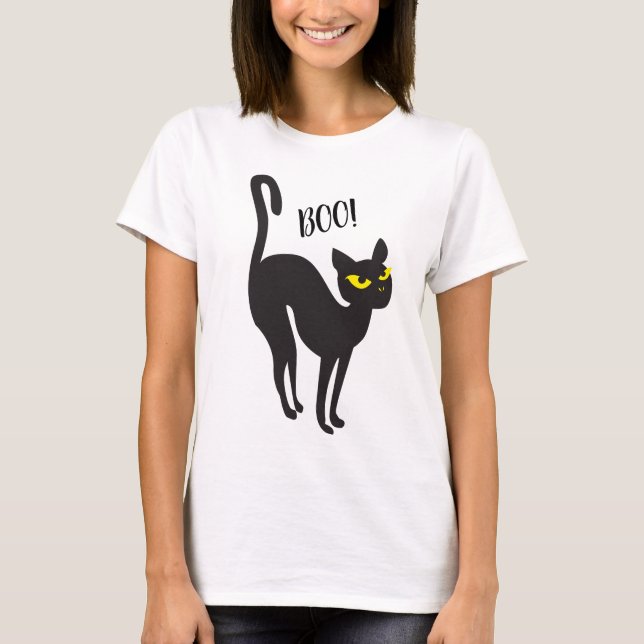 Halloween Black Cat, Boo! Treat or Trick, Trendy T-Shirt (Front)