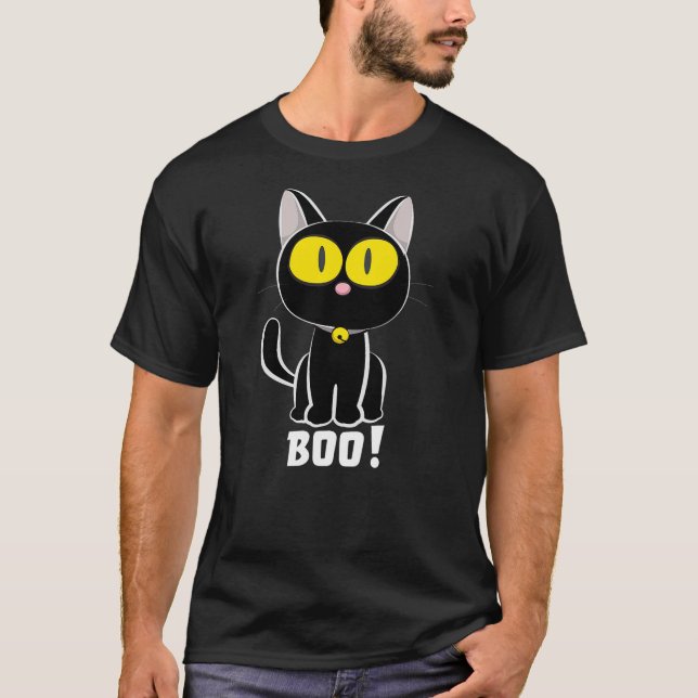 Halloween Black Cat Boo Yellow Eyes T-Shirt (Front)