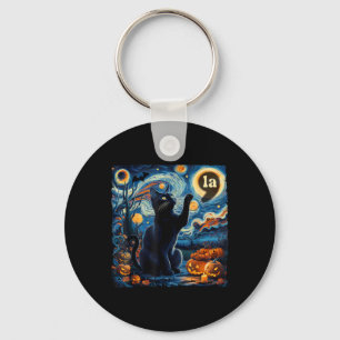 Halloween Black Cat Comma La Starry Night Art Kama Keychain