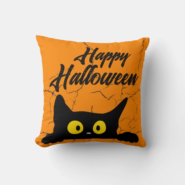 Halloween Black Cat Distressed Texture Orange Throw Pillow (Front)