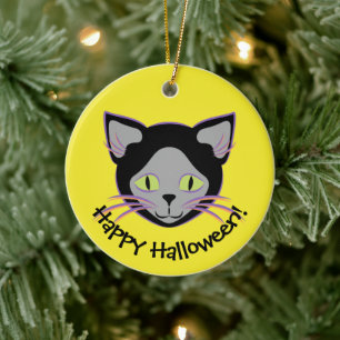 Halloween Black Cat Face Ceramic Ornament