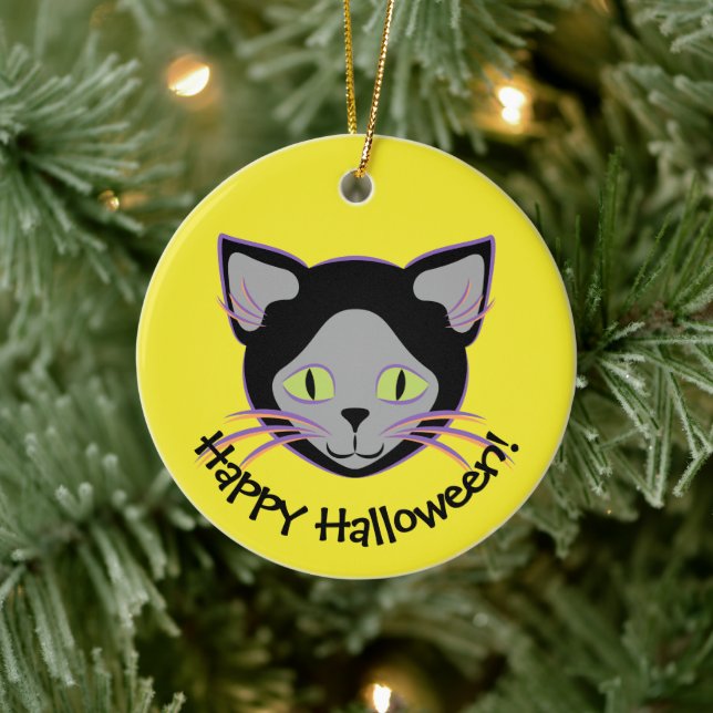 Halloween Black Cat Face Ceramic Ornament (Tree)