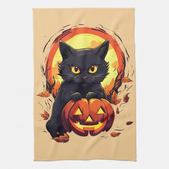 Halloween Black Cat, Fall Leaves,  Kitchen Towel (Vertical)