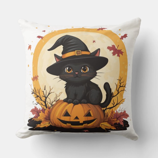 🎃 Halloween Black Cat: Félin Sorcier 🧙 ‍ ♂️ Throw Pillow (Front)