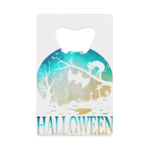 Halloween Black Cat Full Moon and Bats Credit Card Bottle Opener