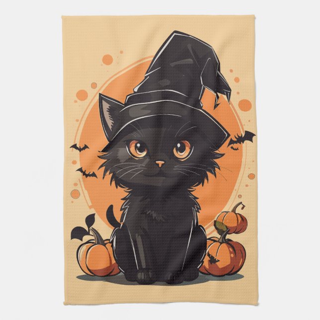 Halloween Black Cat Full Moon Kitchen Towel (Vertical)
