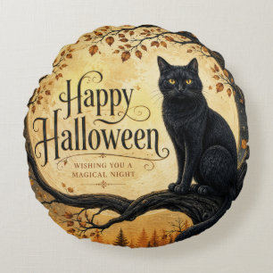 Halloween Black Cat Full Moon Tree Round Pillow