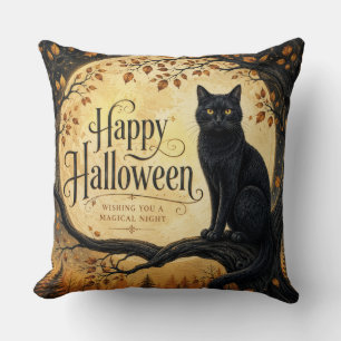 Halloween Black Cat Full Moon Tree Throw Pillow