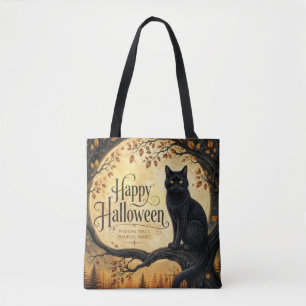 Halloween Black Cat Full Moon Tree Tote Bag