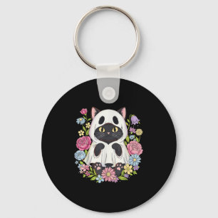 Halloween Black Cat Ghost Costume Flowers Keychain