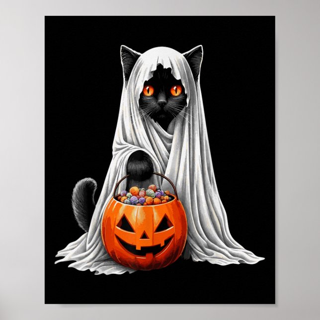 Halloween Black Cat Ghost Costume Pumpkin  Poster (Front)