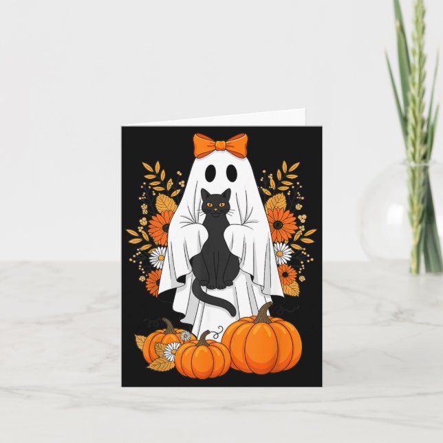 Halloween Black Cat Ghost Pumpkin Cute Fall Card (Front)
