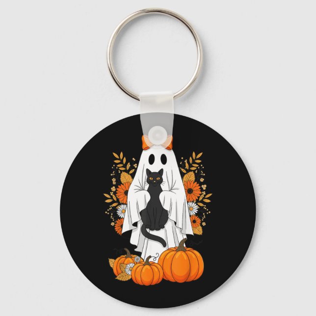 Halloween Black Cat Ghost Pumpkin Cute Fall Keychain (Front)