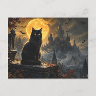 Halloween Black Cat Gothic Castle Postcard