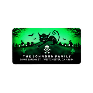 Halloween Black Cat Graveyard Green Address Label