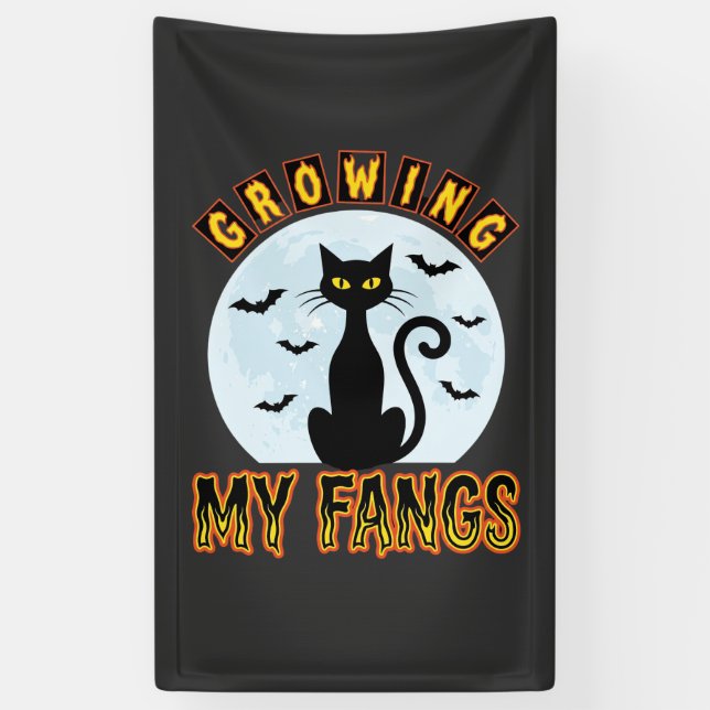 Halloween Black Cat Growing My Fangs Design Banner (Vertical)