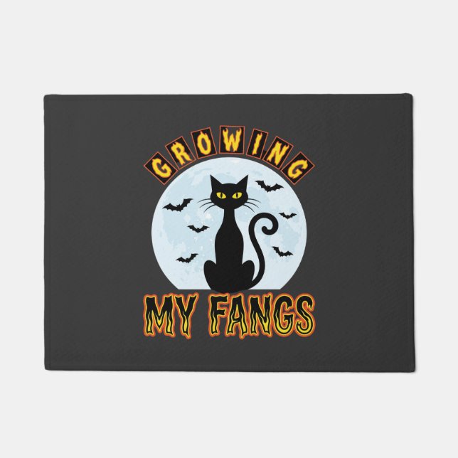Halloween Black Cat Growing My Fangs Design Doormat (Front)