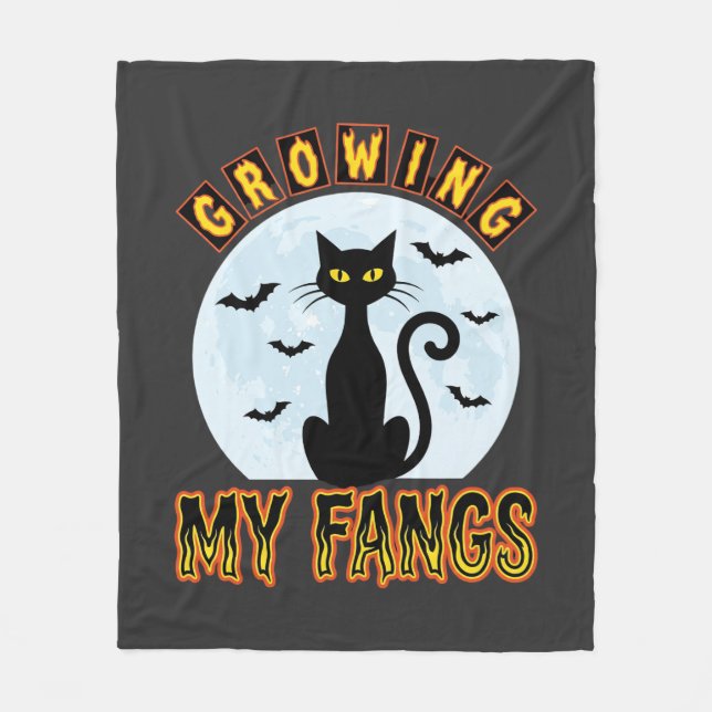 Halloween Black Cat Growing My Fangs Design Fleece Blanket (Front)