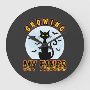 Halloween Black Cat Growing My Fangs Design Large Clock