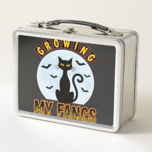 Halloween Black Cat Growing My Fangs Design Metal Lunch Box
