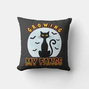 Halloween Black Cat Growing My Fangs Design Throw Pillow