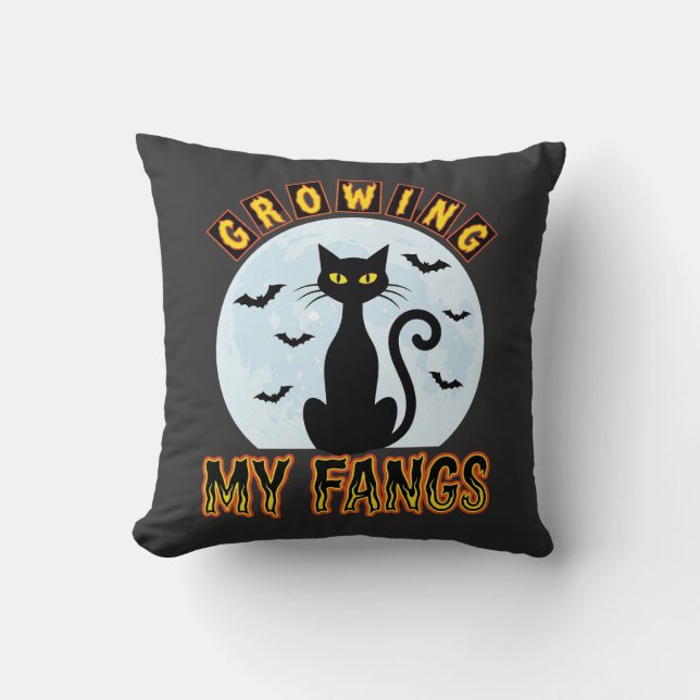 Halloween Black Cat Growing My Fangs Design Throw Pillow (Front)