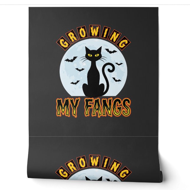 Halloween Black Cat Growing My Fangs Design Wallpaper (Unrolling)
