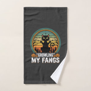 Halloween Black Cat Growling My Fangs Retro Design Hand Towel