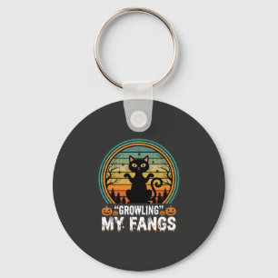Halloween Black Cat Growling My Fangs Retro Design Keychain