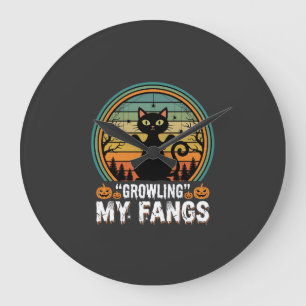 Halloween Black Cat Growling My Fangs Retro Design Large Clock