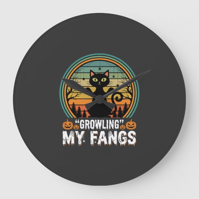 Halloween Black Cat Growling My Fangs Retro Design Large Clock (Front)