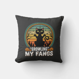 Halloween Black Cat Growling My Fangs Retro Design Throw Pillow