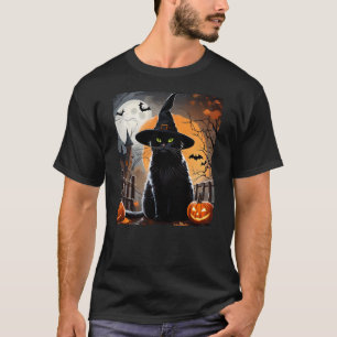 Halloween Black Cat Hat Spooky Cat and Pumpkin Gra T-Shirt