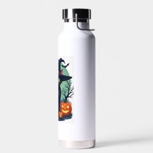 Halloween Black Cat Hat Spooky Cat and Pumpkin Gra Water Bottle