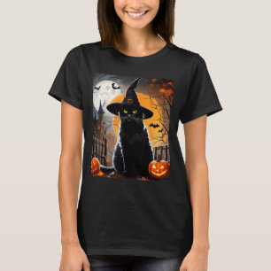 Halloween Black Cat Hat Spooky Cat And Pumpkin T-Shirt