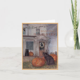 HALLOWEEN BLACK CAT & haunted house Card