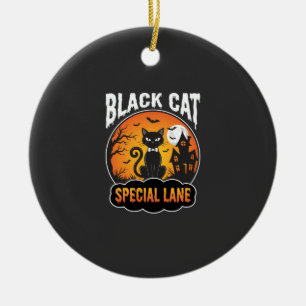 Halloween Black Cat Haunted House Moon Design Ceramic Ornament