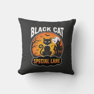Halloween Black Cat Haunted House Moon Design Throw Pillow