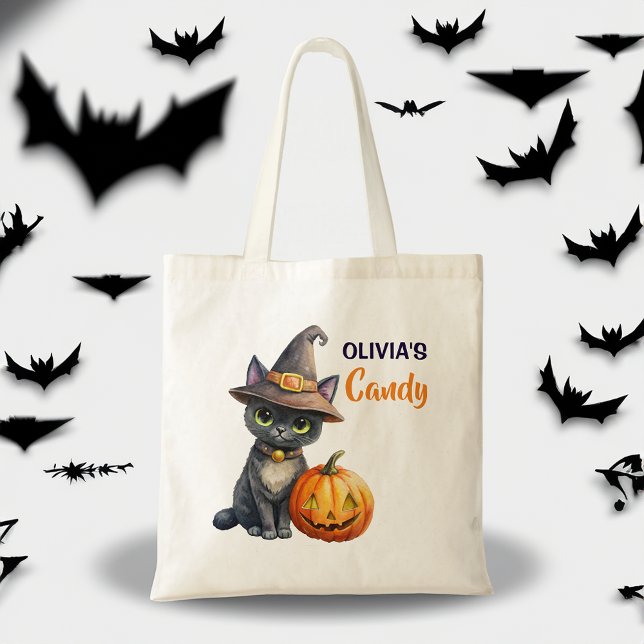 Halloween black cat jack o lantern customized tote bag (Halloween cute black cat jack o lantern customized name tote bag Halloween gifts for kids)