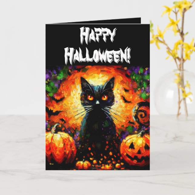 Halloween Black Cat & Jack-O-Lanterns Personalized Card (Yellow Flower)