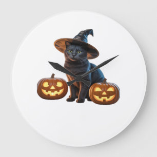 Halloween Black Cat Magic Classic T-Shirt Large Clock