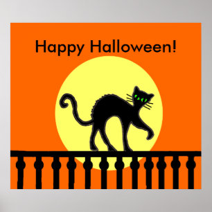 Halloween Black Cat Moon Fence Poster