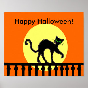 Halloween Black Cat Moon Fence Poster