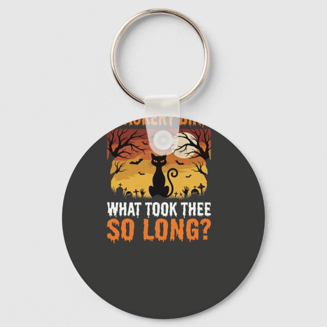 Halloween Black Cat Moon Graveyard Quote Design Keychain (Front)