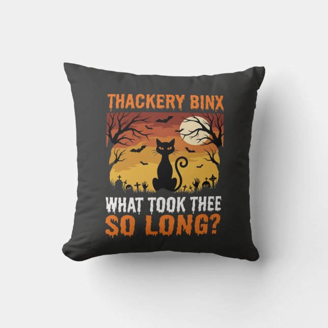 Halloween Black Cat Moon Graveyard Quote Design Throw Pillow (Front)