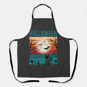 Halloween Black Cat Moon Graveyard Retro Vector De Apron